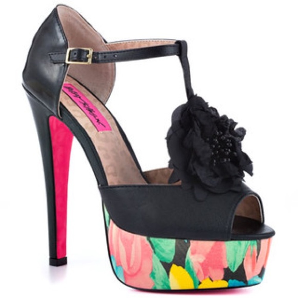 Betsey Johnson black floral t strap platform heels